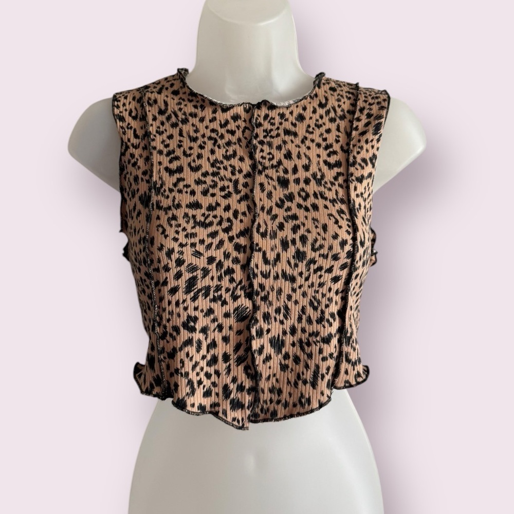 NWT Polly Esther Leopard Print Ribbed Crop Top Sleeveless Size L